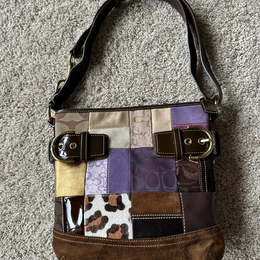 Chic Patchwork Shoulder Bag - Purple, Brown, Cream - image 3